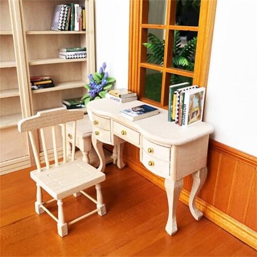 1/12 mini wooden Study Decoration Desk with Chair Doll House Furniture set Dollhouse accessories toys for girls