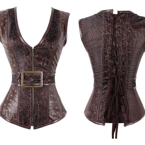 European Medieval Victoria Steampunk Gothic PU Pattern Sexy Corset Women Zipper Bandage V-neck Belt Outwear Bustier Tops
