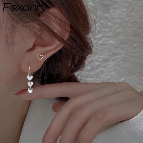 FOXANRY Prevent Allergy 925 Sterling Silver Drop Earrings for Women Trendy Elegant Sweet Three LOVE Hearts Tassel Party Jewelry