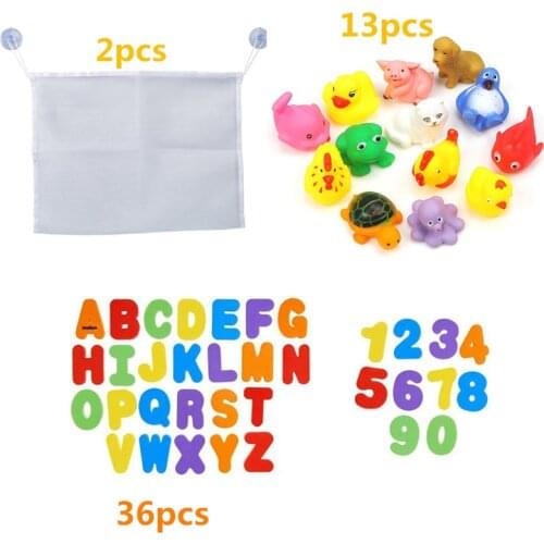 13pcs Baby Bath Water Play Floating Squeeze Toys + 36 Alphanumeric Letters & Numbers + 2 Mesh Bath Toy Organizer Eco-Safe Toys