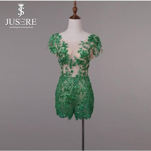 JUSERE Customize Short Sleeves Embroidery Lace Beading Shorts Mini Length Open V Back Green Short Prom Dress 2018