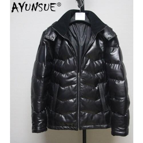 AYUNSUE Mens Sheepskin Leather Jacket Winter Coat Men Warm Genuine Lether Down Jackets Plus Size Hooded Leren Jas Heren KJ2712