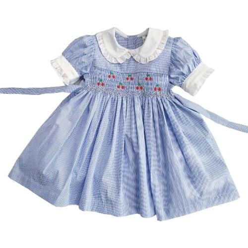 Baby girl summer Retro Spamisn blue stripes handmade smocking embroidered dress cherry puff sleeve birthday princess dress