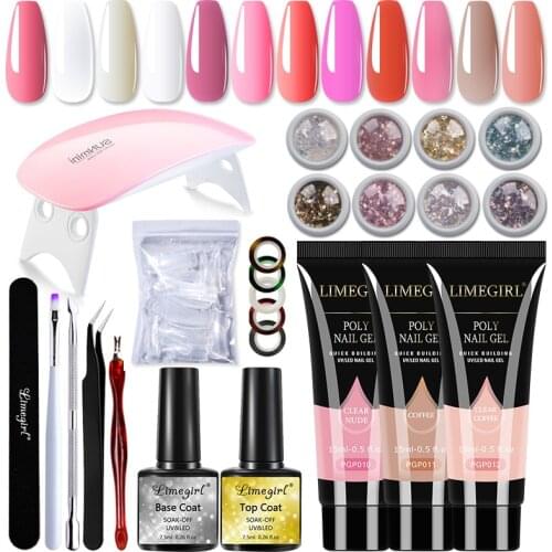 Limegirl Acrylic Poly Nail Gel Kit with Lamp Nail Extension Gel Kit 8 Colors Rhinestones Glitters Nail Art Manicure Salon Kit