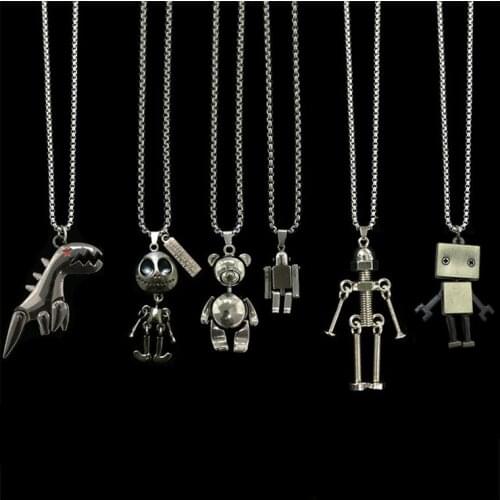 QiLuxy Fashion Vintage Hip Hop Stainless Steel Pendant Necklace for Women Men Dinosaur Robot Bear Alien Pendant Necklace Jewelry