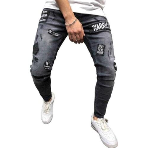 Men Gray Ripped Jeans Fashion Embroidery Applique Skinny Distressed Jeans Man Casual Letter Print Denim Pants