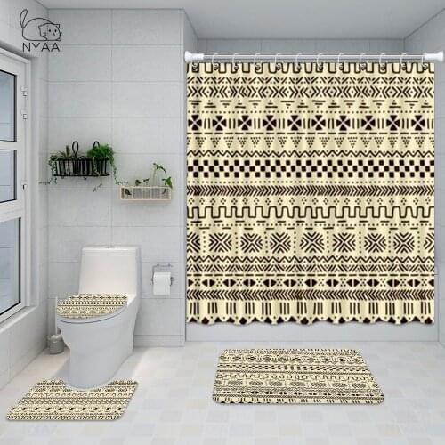 Boho Bathroom Set Black Mud Beige Traditional Ethnic African Mudcloth Waterproof Shower Curtain Toilet Cover Mat Non Slip Rug