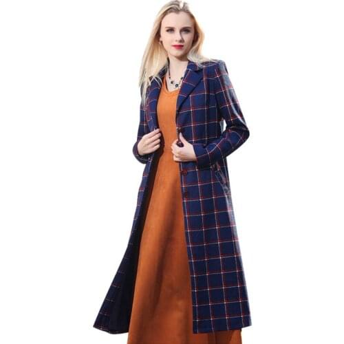 High Street Fashion Women Plaid Spring Coat Notched Lapel Single Breasted Midi Overcoat Long Manteau Femme
