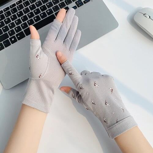 Women Summer Cotton Sunscreen Anti-UV Touch Screen Thin Cycling Drive Breathable Non-Slip High Elasticity Gloves Leak Two Finger