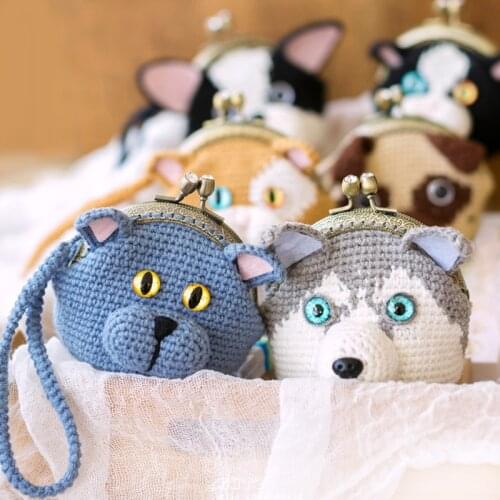 Lovely Pets Metal-opening Bags Crochet DIY Material Bag Husky Pug Dog and Cat Crochet Bags Handmade Metal Frame Kiss Lock Purse