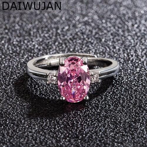 DAIWUJAN Luxury Oval Pink Crystal Rings For Women 925 Sterling Silver Sapphire Opening Finger Ring Wedding Engagement Jewelry