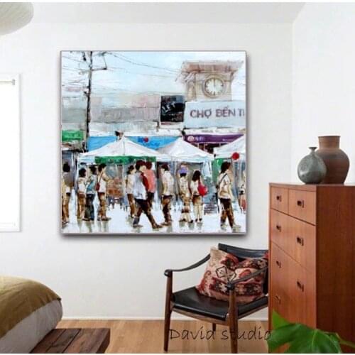 Hand Pained Knife Painting Abstract Art Ben Thanh Market in Vietnamese Art for Living Room Wall Decoration