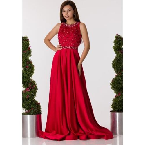 SHECCA (63064) Red Sleeveless Embroidered Round Neck Satin Dress