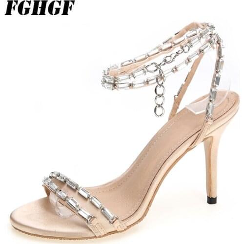 Rhinestone one-word wedding shoes with high-heeled sandals for banquet with stiletto heels and peep-toe sexy womens shoes