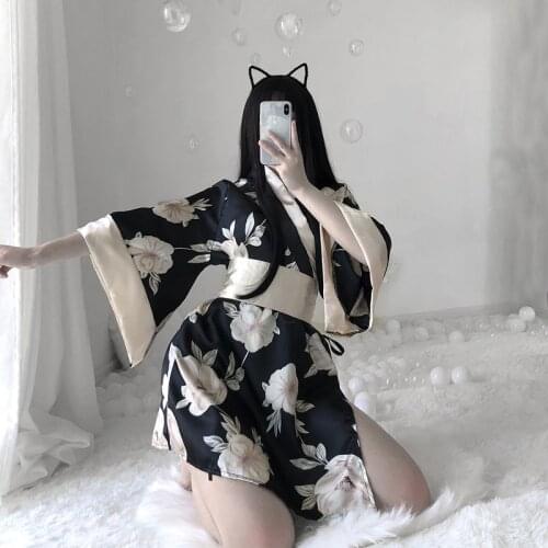 Japanese Kimono Sexy Erotic Lingerie Cosplay Outfit Traditional Style Robe Temptation Costumes Pajamas Soft Silk Belt For Women