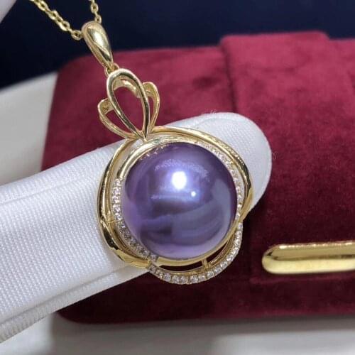 Fine Jewelry 18K Yellow Gold Natural Purple Pearl 15-14mm Pendant Necklaces for Women FIne Pearls Pendants
