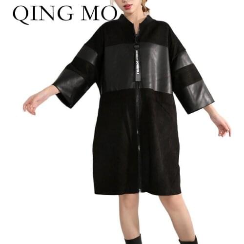 QING MO 2021 Autumn Winter New Women Jacket PU Stitching Leather Windbreaker Trendy Fashionable Women Jacket Black ZWL261