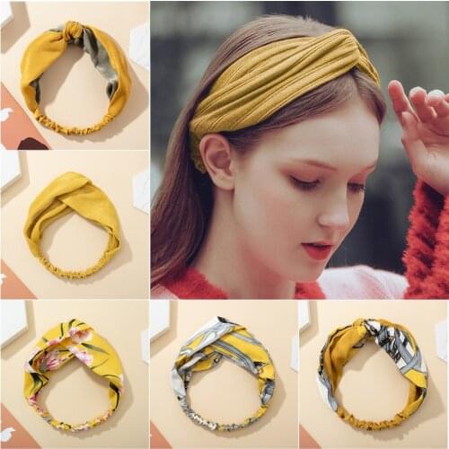 2020 Women Fashion Print Headband Turban Elastic Yellow Headwear Head Wrap Women Cross Hair Accessories for Women Hair Bands
