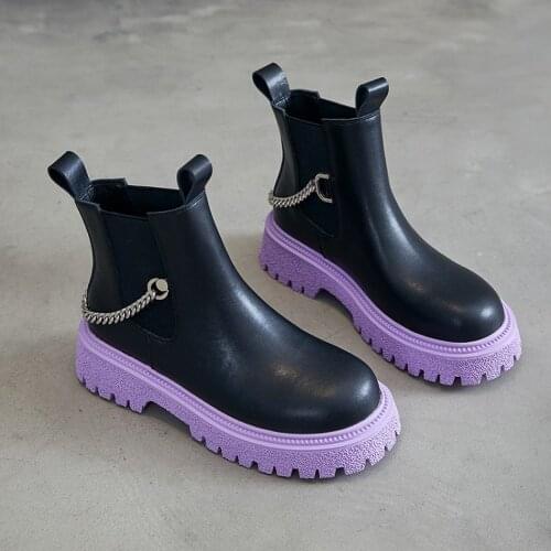 Womens Round Toe Metal Chain Ankle Boots Platform Chunky Heel Shoes Punk Riding Colorful Soles New 2022