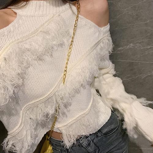 Women Off Shoulder Tassel O Neck Knitted Full Sleeve Pull Sweaters Lady Elegant Vintage Pullover Sweater Korean Fashion Clothes