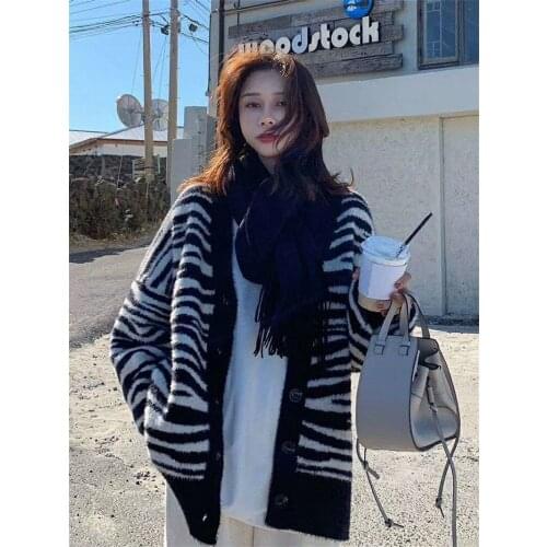 Korean Chic Knit Cardigan Sweet Striped Color Matching For Women Sweater 2020 Winter Loose V-Neck Lazy Style Female Sweater