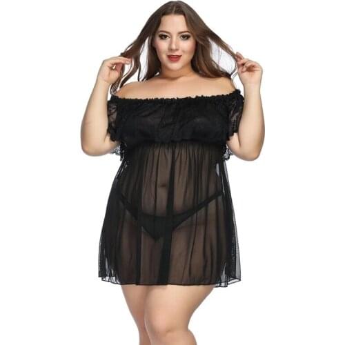 Women Lingerie Night Gown Sexy Erotic Lace Night Dress Hollow-out Pijama Women Sexy Sleepwear with Thong G-string Plus Size 7XL