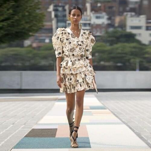 Runway Designer Spring Summer New WomenS Pleated Layered Floral Casual Short-Sleeved Retro High-Quality Party Fashion Dress