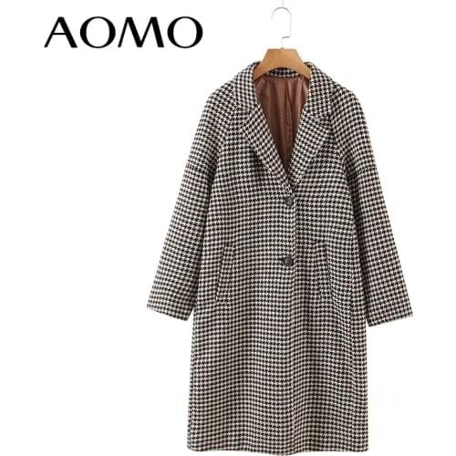AOMO 2021 Winter Women Khaki Plaid Woolen Coat Warm Thick Elegant Long Sleeve Coat Female Overcoat 2Z31A