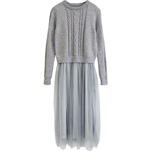 2018 Autumn Fashion High Temperament Winter Dress for Women O-neck Slim Long Sleeve Long Knitting Patchwork Mesh ladies Dresses