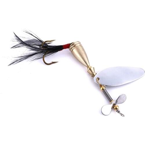 Gold Metal Spoon Fishing Lures 9cm Spinning Bait with Black Feathers Sharp Hook Fishing Tackle Fishing Lure