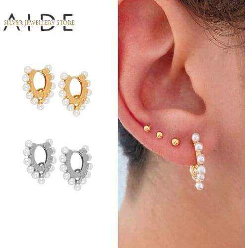AIDE Fashion Pearls Strand Round Hoop Earrings for Women Exquisite Pierced 925 Sterling Silver Earings Fine Jewelry kolczyki