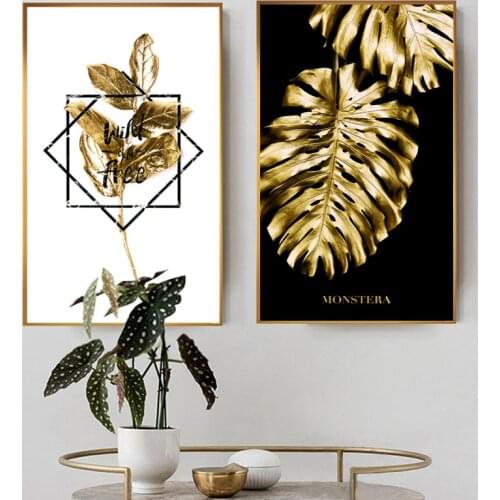 Black and Golden Plant Canvas Painting Large Leaf Poster Print Wall Art For Living Room Aisle Unique Modern Decoration