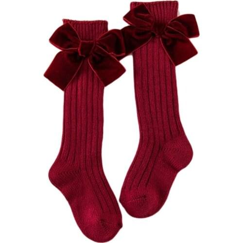 Toddler Kids Baby Girls Chunky Ribbed Knitted Knee High Socks Solid Color Cute Velvet Bowknot Princess Infant Cotton Winter D0AF