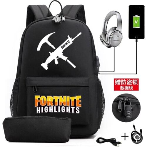 Fortnite USB Backpack USB charge headphone Anti-theft School Bag For Teengers large-capacity Laptop Computer Mochilas With lock