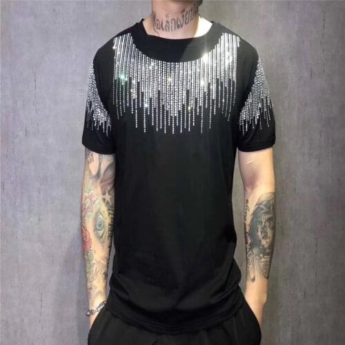 New slim mens brand design striped rhinestone T-shirt short sleeve fashion mens street O collar 100% cotton T-shirt