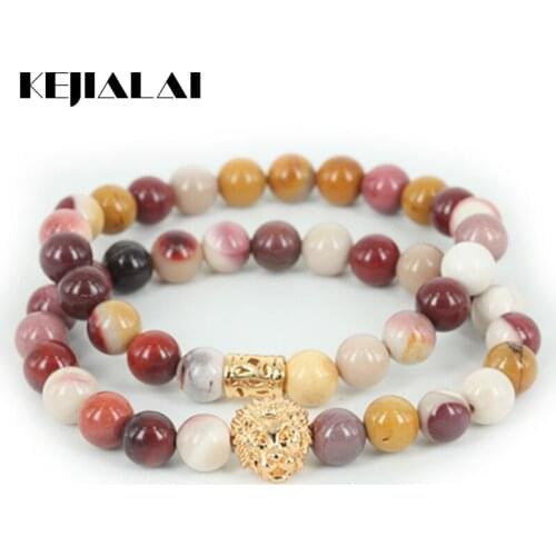KEJIALAI 2pcs New Arrival Beaded Lion Head Men Bracelet Natural Egg Yellow Round Stone Beads Women Bracelet Fine Jewelry A Gift