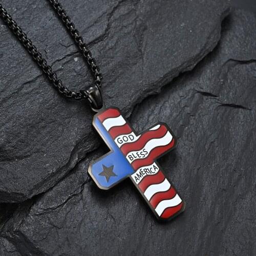 Classic Stars Flag Cross Pendant Necklace Stainless Steel Chain Link Necklaces for Men Christian Religious Male Jewelry