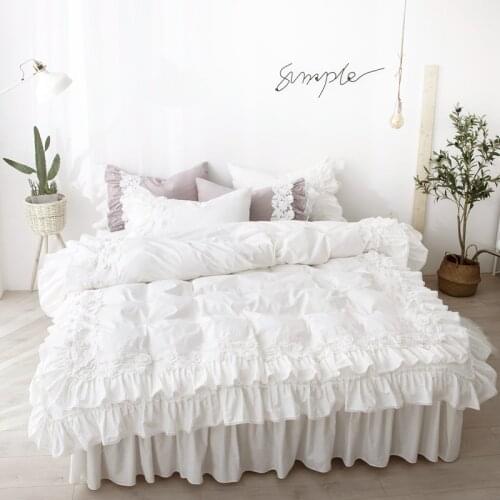 White Color Lace Bedding Set for Princess Room Single Queen King Duvet Cover Bed Skirt 100%Cotton Korean Style Bed Cover Sets