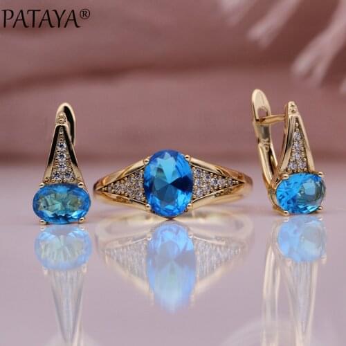 PATAYA New Winter Clearance Fashion Popular Women Fashion Jewelry Sets Oval Blue Natural Zircon 585 Rose Gold Earrings Ring Sets
