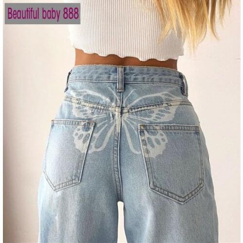 Meqeiss Harajuku Sweet Butterfly Print Graphic Design Denim Pants Womens Leisure Streetwear Jeans Basic Loose Trousers Mujer