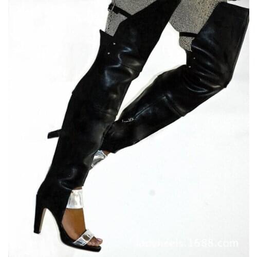 Fashion Front Strap Patchwork Cutout Over Knee Boots Peep Toe Chunky Heels Thigh Boots Top Straps Gladiator Ladies Runway Botas