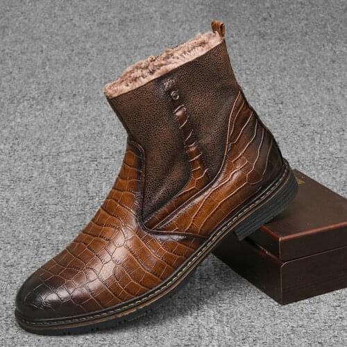 Men Leather Shoes High Quality Warm Plush Platform Chelsea Boots Male Ankle Boots Fashion Autumn Winter Men Boots Male Footwear