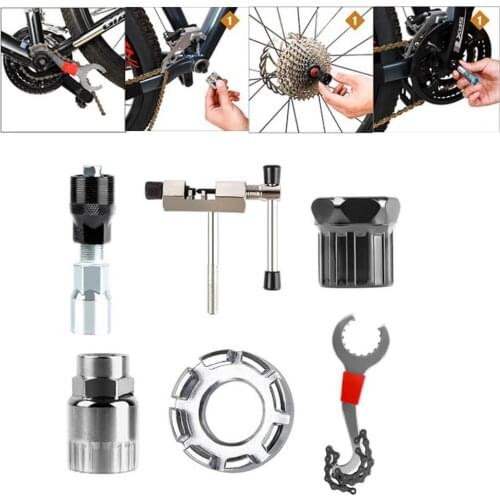6pcs/set Bike Chain Wheel Repair Tools Set Flywheel Sprocket BB Remover & Chain Whip Cutter for Mountain Road Bike Bicycle