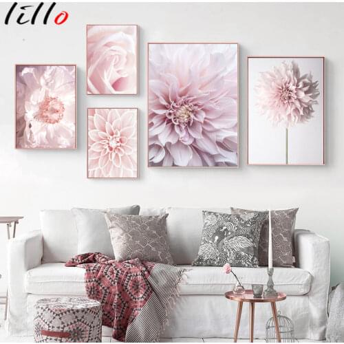 Pink Cherry Blossom Pink Peony Sky Bird Nordic Posters And Prints Wall Art Canvas Painting Wall Pictures For Living Room