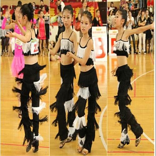 Girls black fringe pants for women costume latin black salsa white top and pants cha cha fringe ballroom dance dress fringe