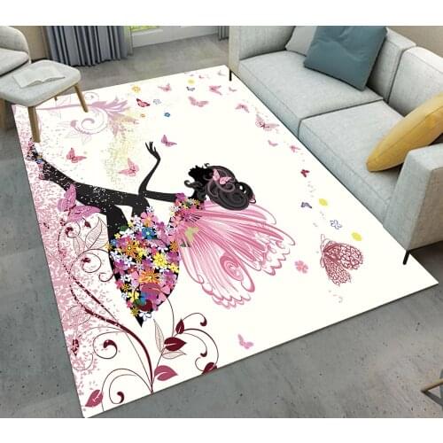 Living Room Cushion Childrens Room Area Mat Bedroom Carpet Bathroom Non-Slip Rug Black Butterfly Girl With Pink Flower And Wing
