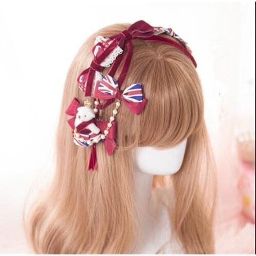 Dark red Lolita girl bear KC Head band Bow Hairpin hair clasp Cosplay Hair Accessories Side Clip B1119