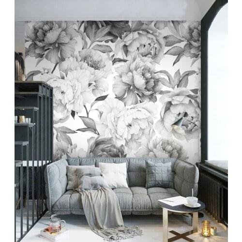 Grey black and white floral custom 3D wall paper mural on the wall wholesale for office living room meeting room