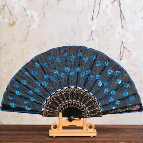 Spanish Style Party Wedding Decor Plastic Embroidered Sequins Folding Flower Lace Fan Dance Hand Fans LX2960