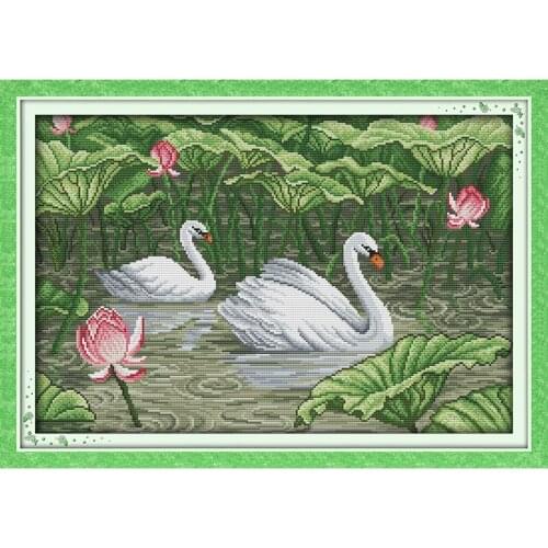 Everlasting Love Swans In Lotus Pond (2) Chinese Cross Stitch Kits Ecological Cotton Stamped DIY New Year Decorations For Home